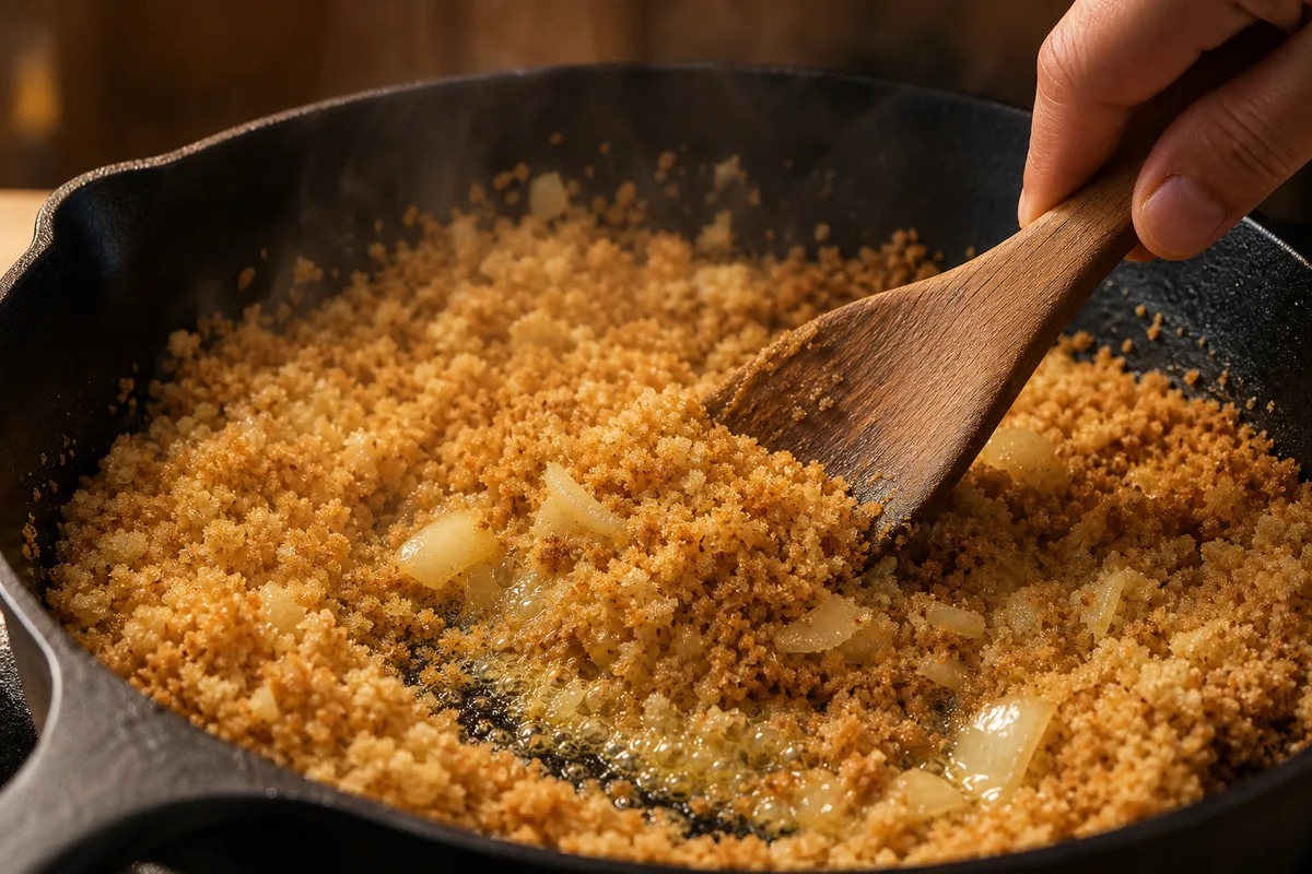 Farine de manioc dorée dans une poêle en fonte avec oignon et beurre