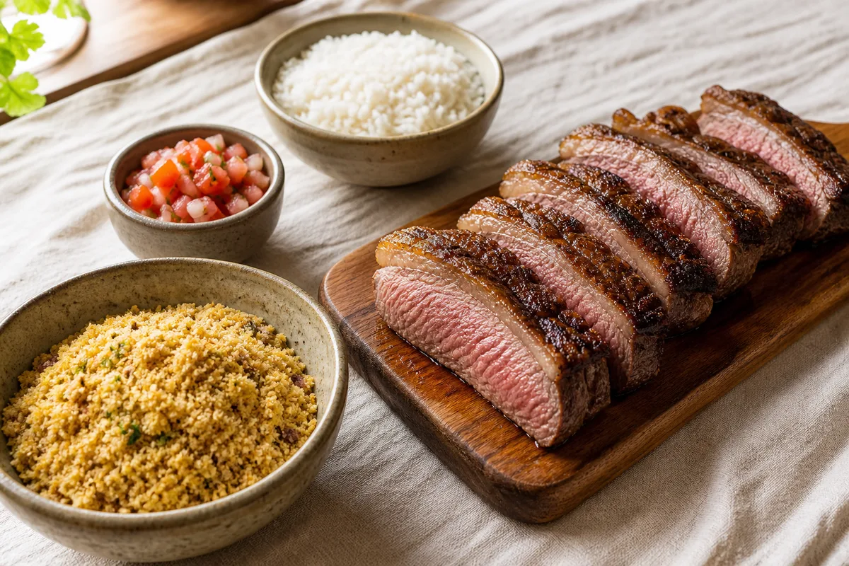 Bol de farofa dorée posé près de tranches de viande grillée sur une planche en bois