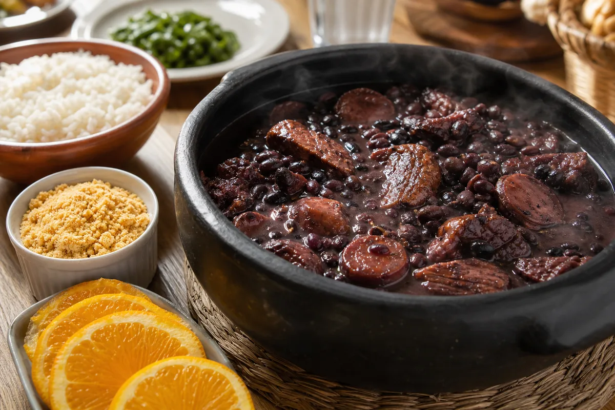 Cocotte en terre cuite de feijoada brésilienne avec riz, farofa et tranches d’orange