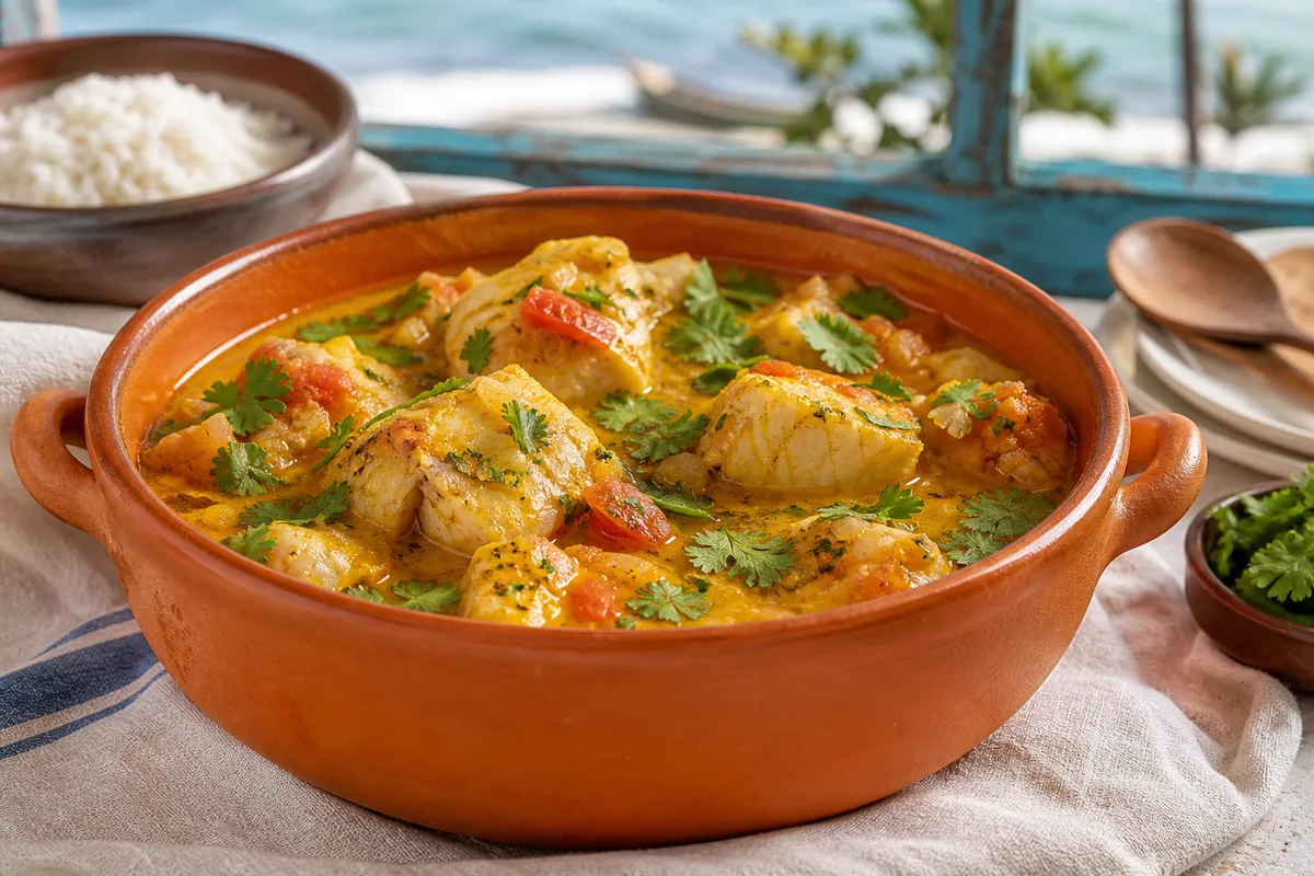 Ragoût de moqueca brésilienne au poisson dans un pot en terre cuite, tomate et coriandre