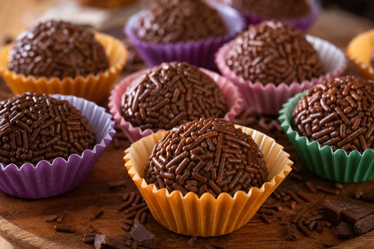 Brigadeiros au chocolat roulés dans des vermicelles, présentés dans des caissettes en papier